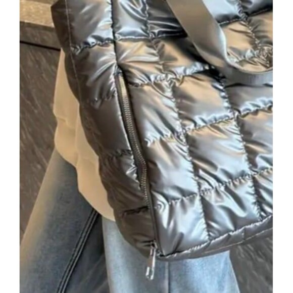 Silver Quilted Puffer Tote Bag Large Capacity Shoulder Travel Carryall - Picture 3 of 6